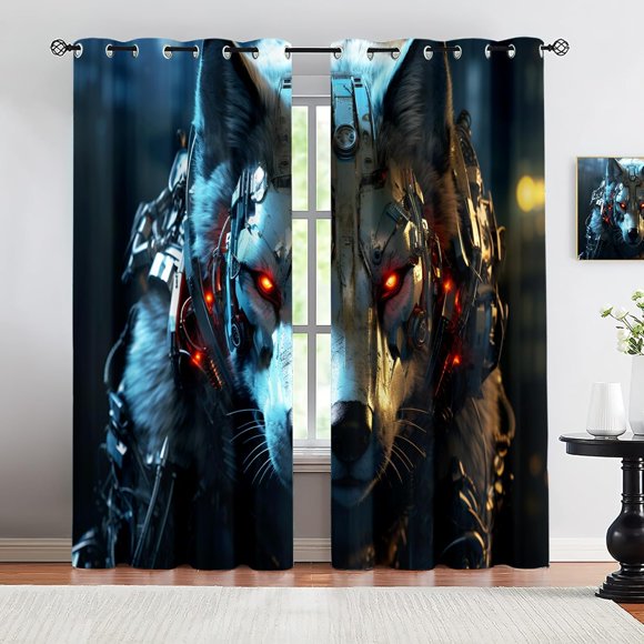 Sci-Fi Wolf Blackout Curtains, Armored Wolf Animal Theme Window Drapes for Bedroom Living Room Kitchen, Thermal Insulated Grommet Curtains 53"W x 84"L (2 Pack)