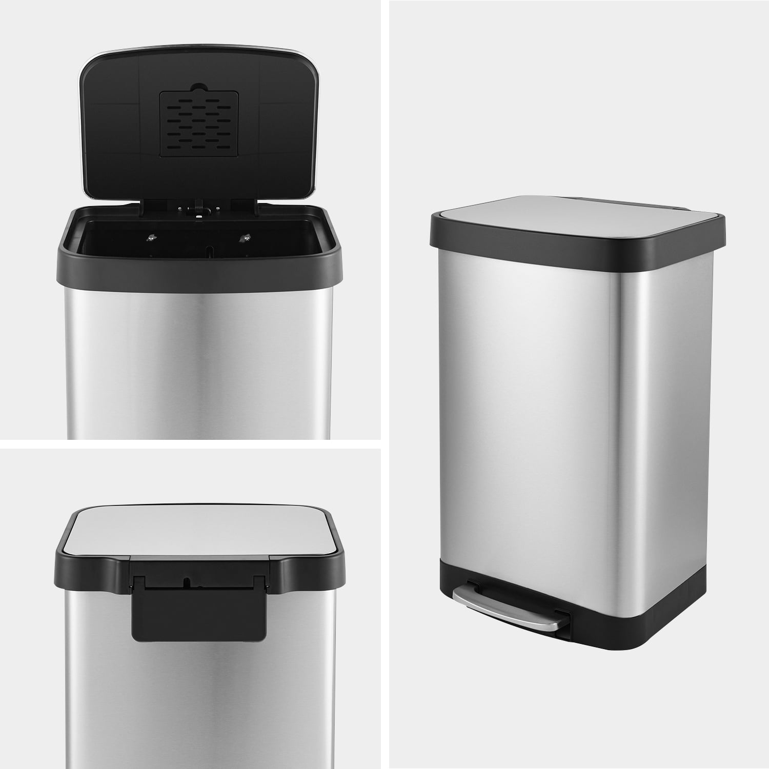 Innovaze 14.5 Gallon Trash Can, Stainless Steel Rectangular Step on Kitchen Garbage Can, Silver