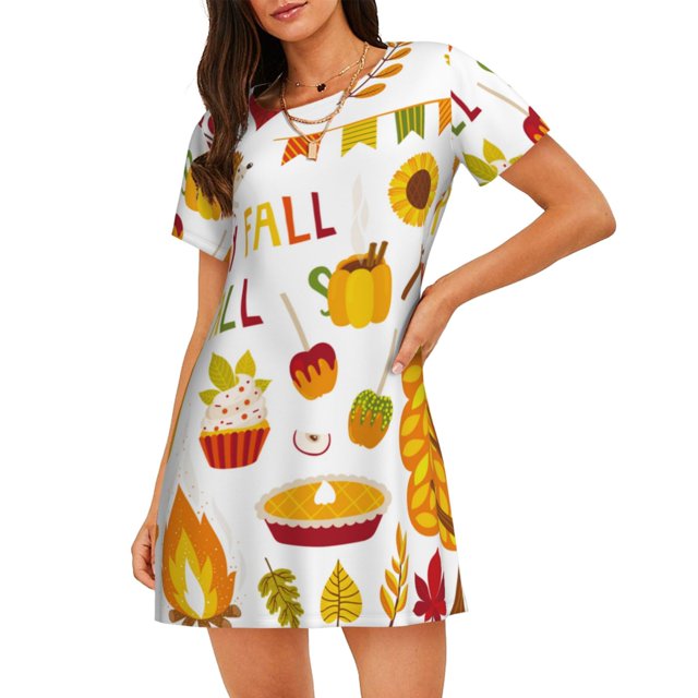 Fotbe HAPPY FALL Y'ALL Bata de Dormir para Mujer con Estampado, Camisón de Algodón de Manga Corta, Ropa de Dormir Casual