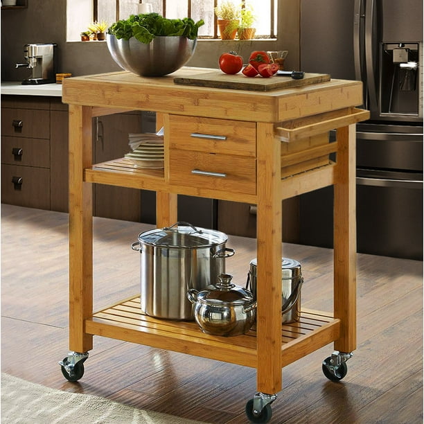 Clevr Rolling Bamboo Wood Kitchen Island Cart Trolley, Kitchen Trolley