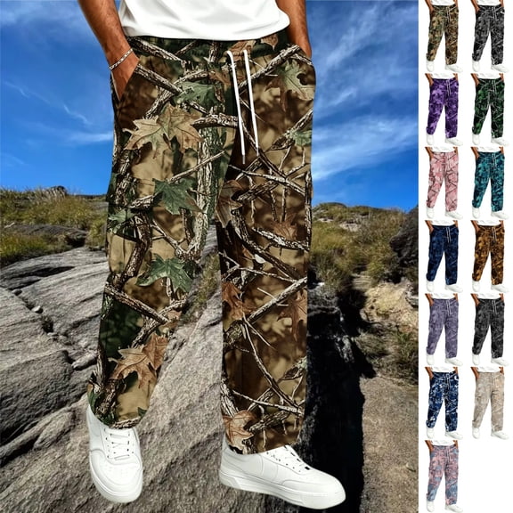 GrmtClth Men's Vintage Leaf Camo Cargo Pants Relaxed Wide Leg Drawstring Elastic Waist Multi Storage Pocket Trousers Army Green 3XL