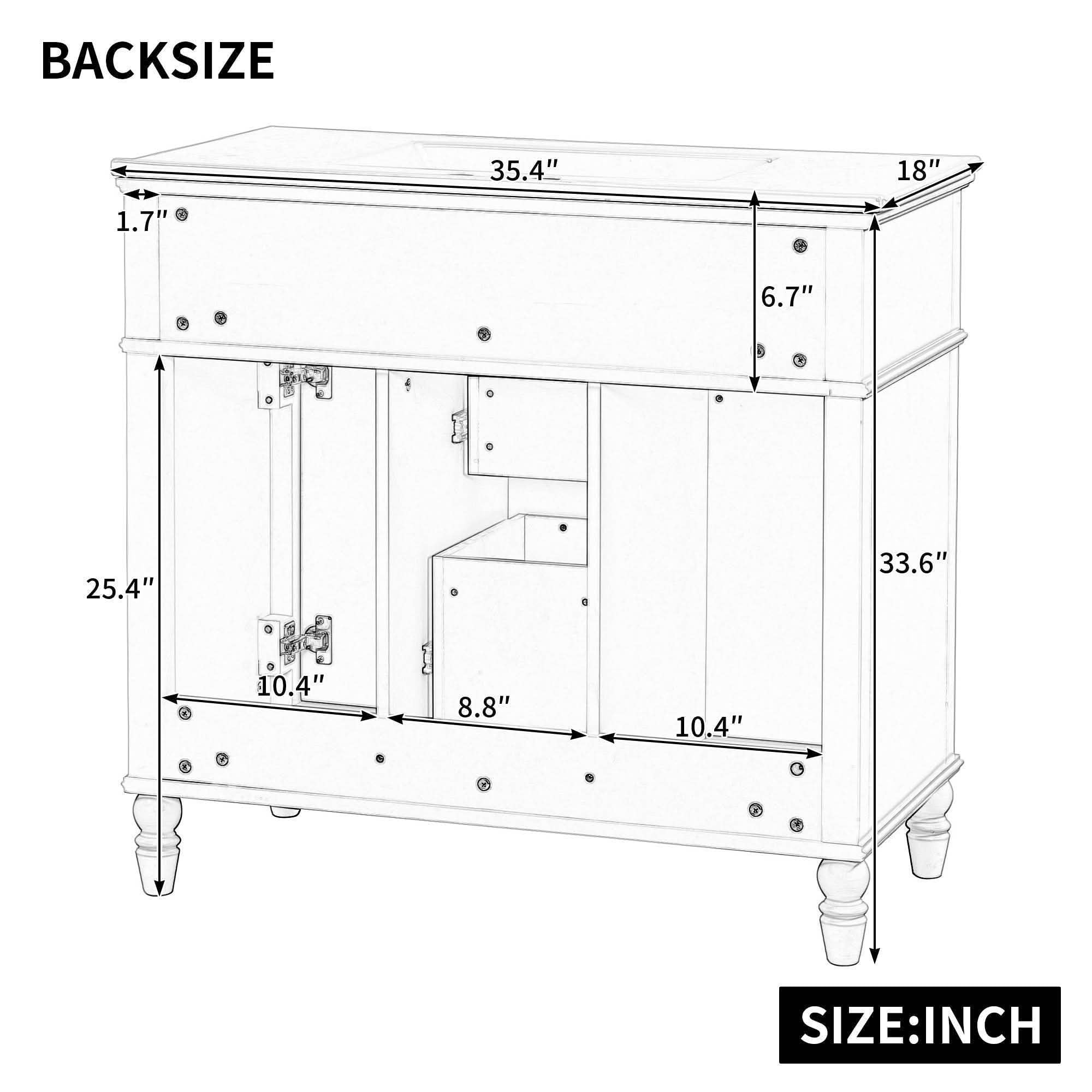 MAYEERTY 36" Bathroom Vanity with Sink White Freestanding Ceramic Basin MDF Solid Wood Flip-Out Drawer Soft Close Doors Golden Handles