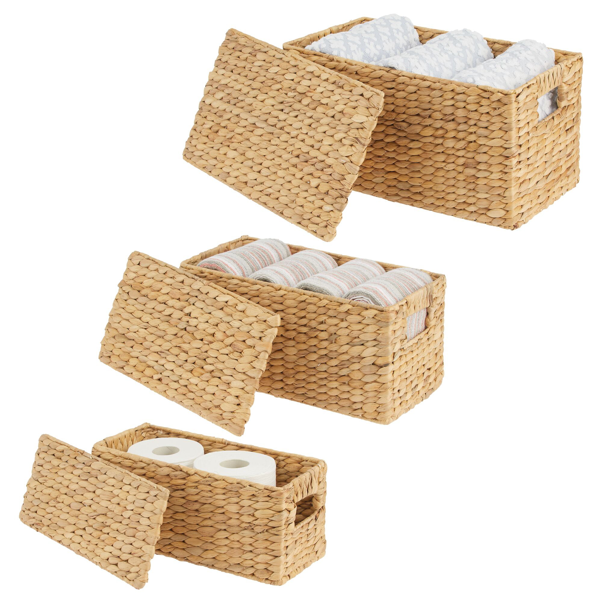 mDesign Water Hyacinth 3-Tiered Storage Baskets Floor Stand - White/Natural  