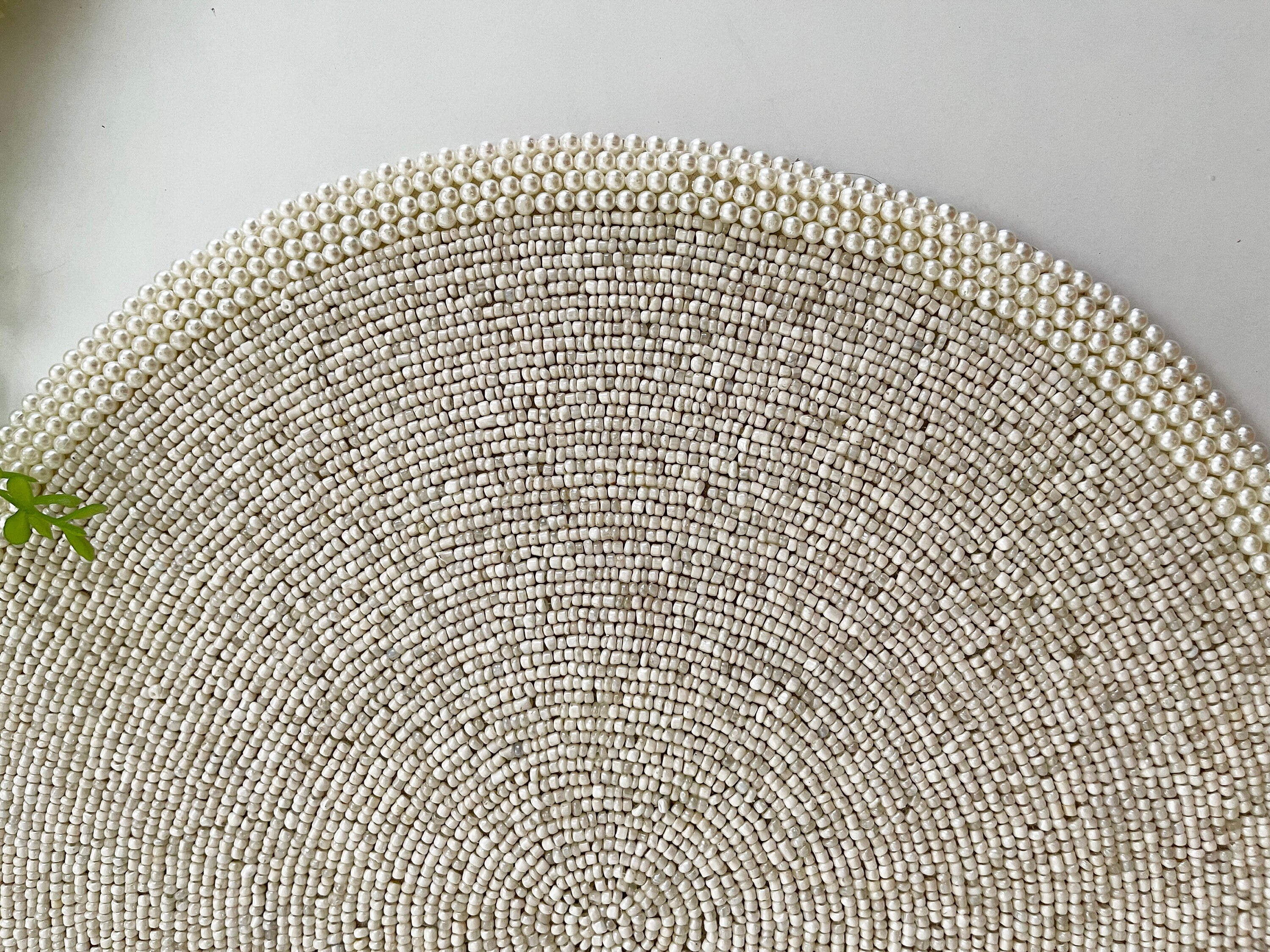 Set of 2, Handmade beaded placemat, tablemat, 14 inch, white, light cream charger plate, gift for her