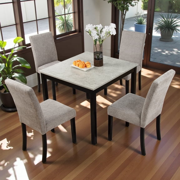 GZXS 5-Piece Industrial Dining Table Set with Concrete-Effect MDF Top & Rubberwood Frame, 34.5" Square Table and 4 Linen Upholstered Chairs, Space-Saving Dinette Set (Gray Black)