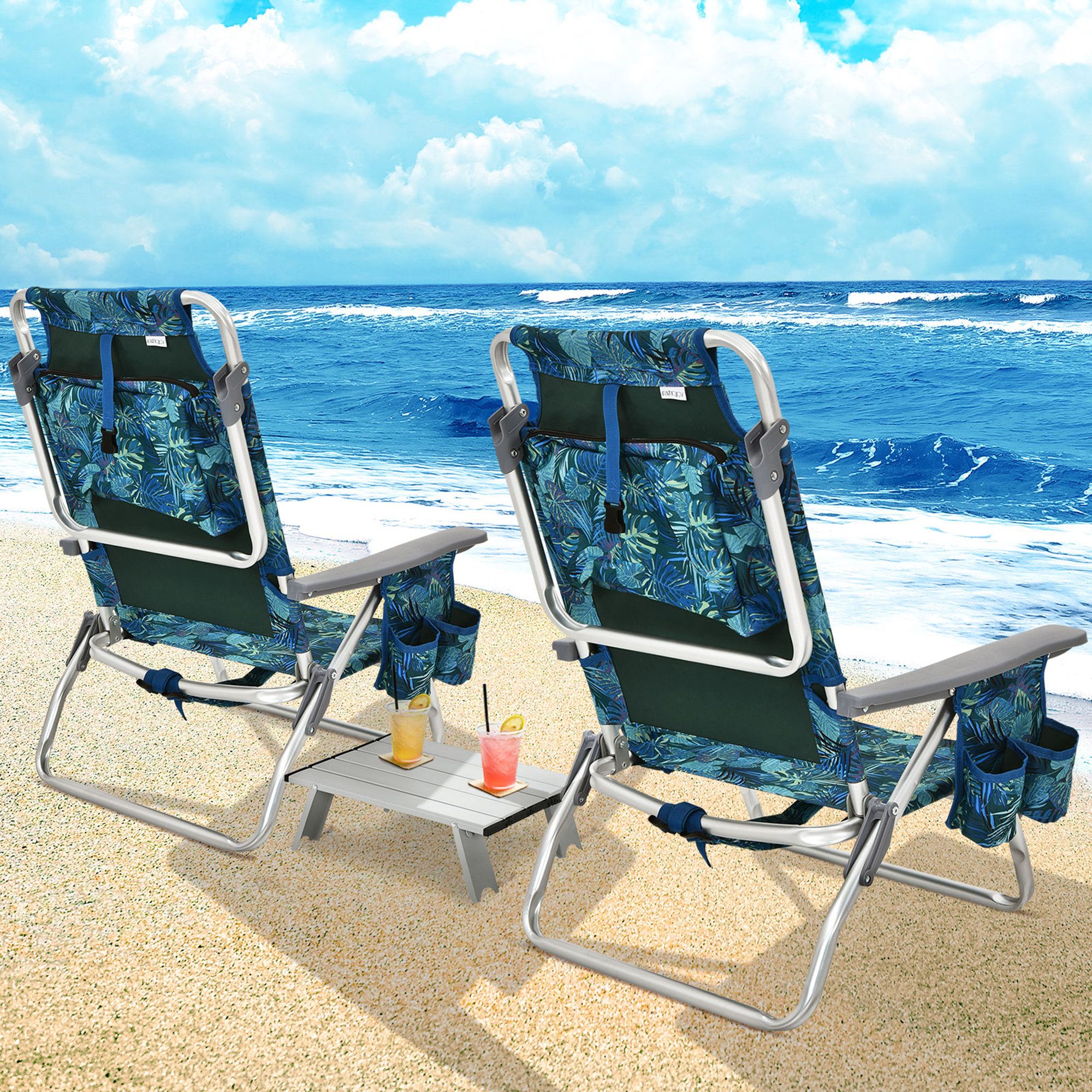 Gymax 3PCS Folding Beach Chair & Table Set Adjustable Outdoor Reclining Chair - image 4 of 10