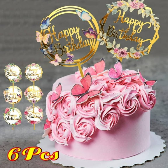 6 Pieces Happy Birthday Glitter Cake Topper, Birthday Party Decorations Ideas, Sturdy Doubled Sided Glitter, Acrylic Stick