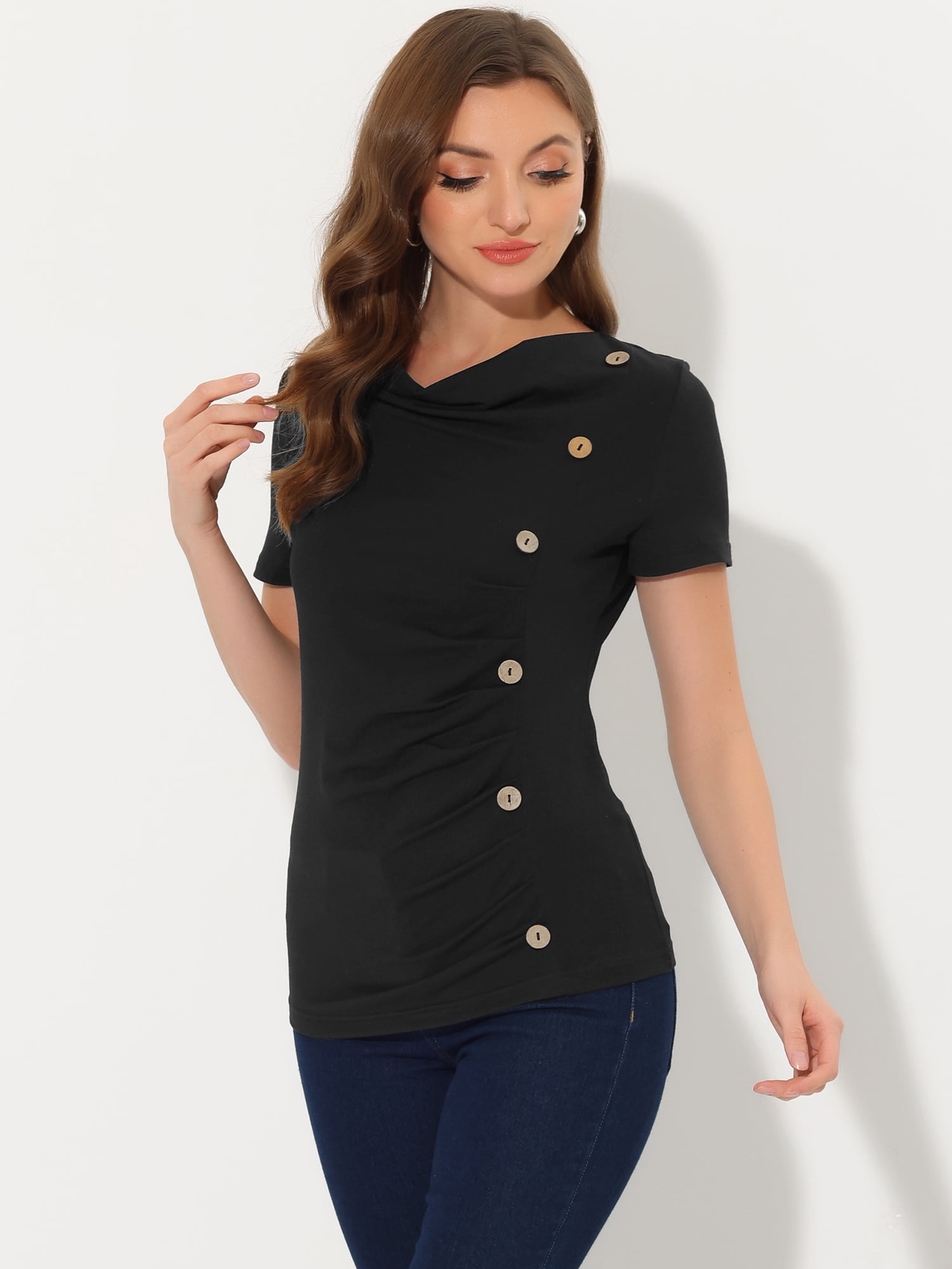 DARING DIVA Women's Cowl Neck Ruched Short Sleeve Tops with Button Decor S Black