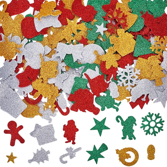 1 Set 4 Colors Christmas EVA Foam Stickers Snowflake Christmas Tree Sock Gingerbread Man Glitter Decals for Christmas Party Decoration Mixed Color 20~53x21~45x1.5mm 2sets/color