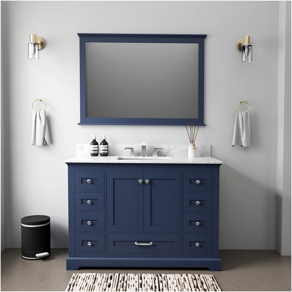 JERFIT Navy Blue Bathroom Vanity Set with Mirror, 48 Inch Modern Single Sink Base Cabinet with 9 Drawers & Storage, Fully Assembled