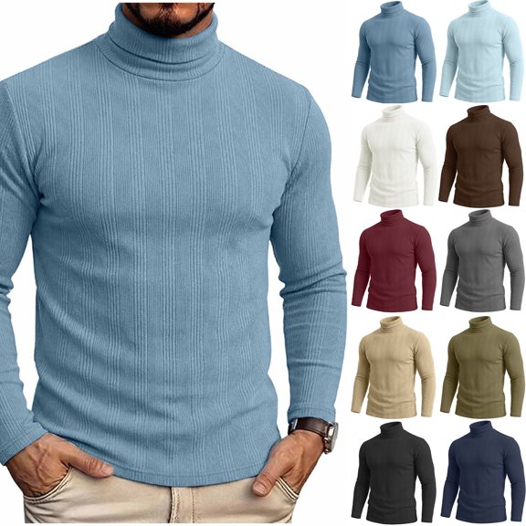 Xaqiouau Men Classic Cozy Vertical Ribbed Turtleneck Sweater Soft Solid Acrylic Pullover with Ribbing Edge Long Sleeve Fall Winter Casual Layering Top Blue XXL