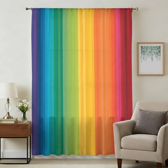 Rainbow Striped Sheer Curtains 96 Inches Long, Colorful Gradients Modern Abstract Art Light Filering Curtains, Privacy Drapes Simi Floor to Veiling Curtain for Living Room Bedroom Window Treatment