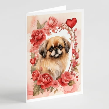 Pekingese Valentine Roses Greeting Cards Pack of 8 7 in x 5 in