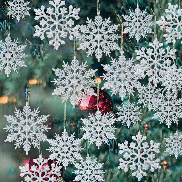 CUITING GuassLee 36 Pack Plastic Silver Snowflake Ornaments Hanging Decorations for Christmas Tree