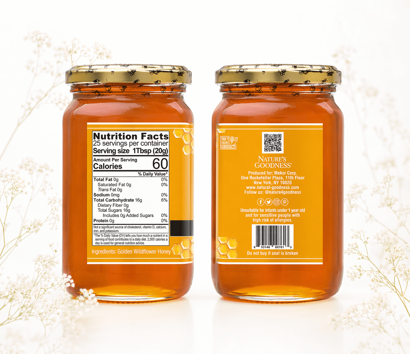 Wildflower Honey Glass Jar - 17.6 Oz (6 Pack) - Pure Honey Jar