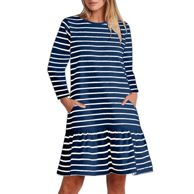 cfhntfmh Robes de Détente pour Femmes Imprimé Décontracté Manches Longues Col Rond Robe Midi avec Poches Automne Ourlet à Volants Robe de Plage