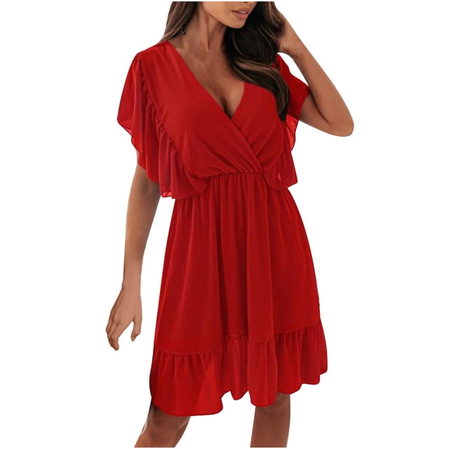 Knee Length Evening Dress Flutter Sleeve Wrap Dress for Women Elastic Waist V Neck Sundress Solid Color Ruffle Hem Flowy Dresses Knee Length
