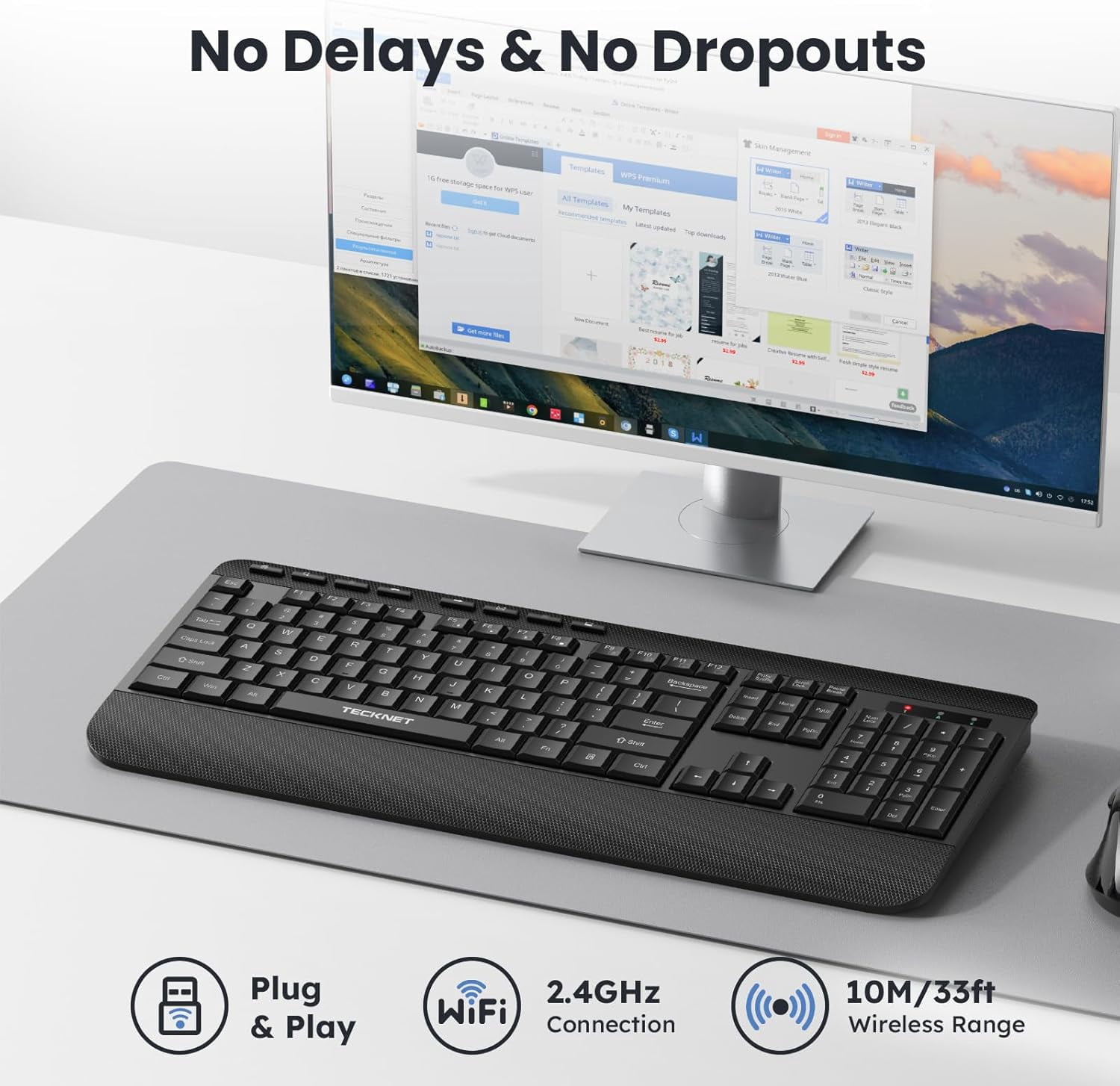 Ergonomic Wireless Keyboard for Laptop, 2.4G USB Silent Computer Keyboard with Comfortable Palm Rest & Adjustable Feet Stand for Desktop, PC, Notebook, Surface and Windows, Full Size Layout