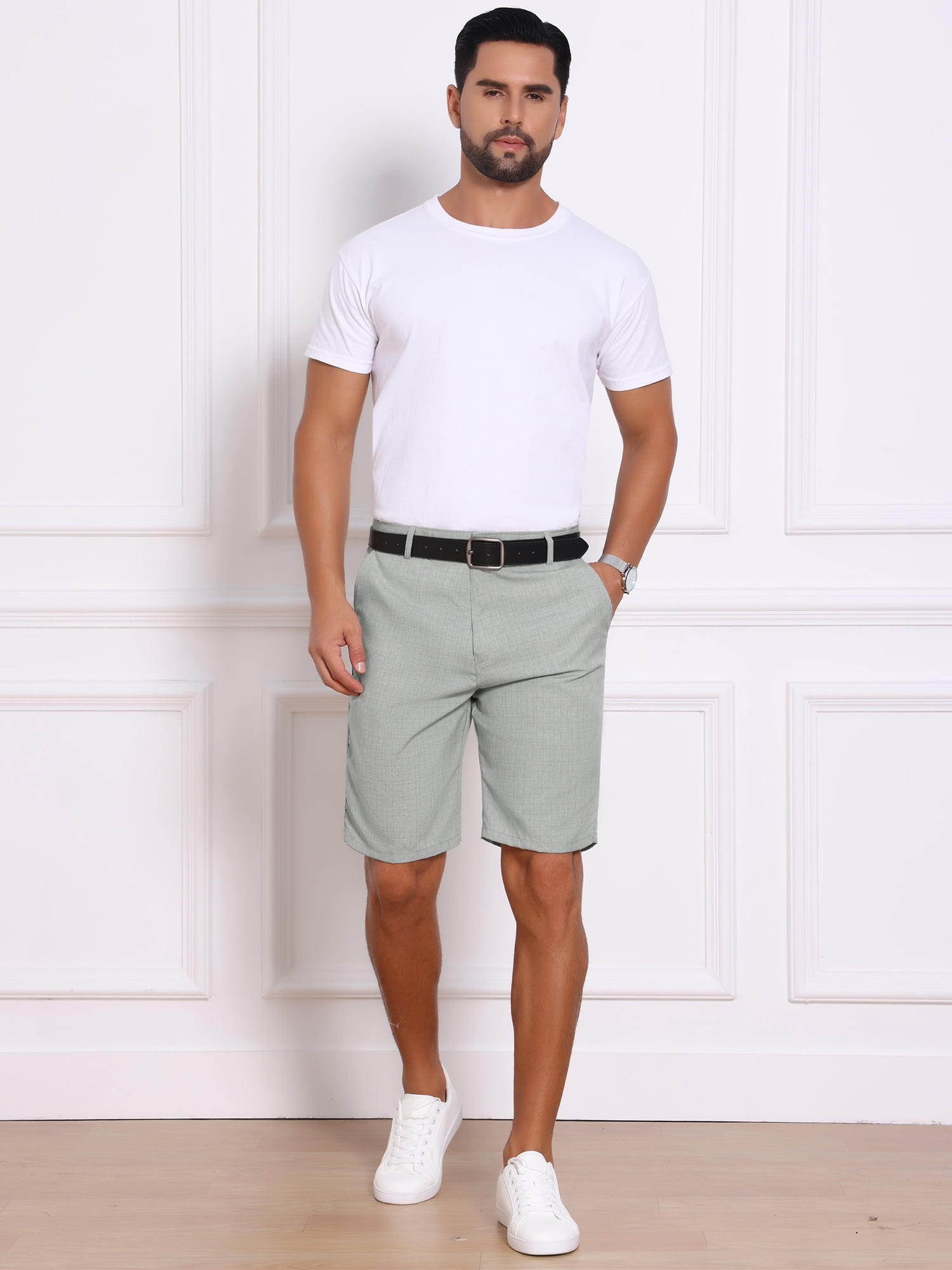 DARING DIVA Men's Above Knee Formal Linen Texture Shorts Pants with Pockets 36 Light Gray