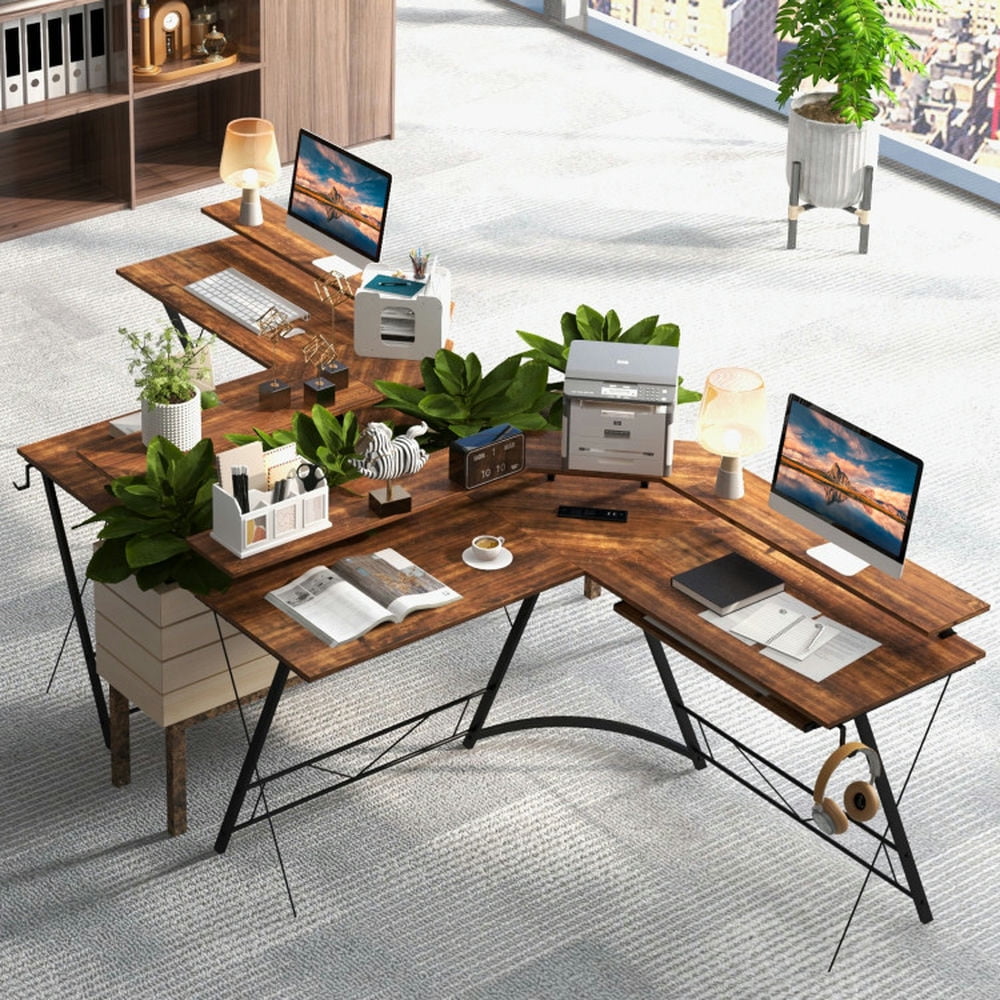 Demi Bonn L-shaped Computer Desk with Power Outlet and Monitor Stand, Small Home Office Desk Study Writing Table, Brown