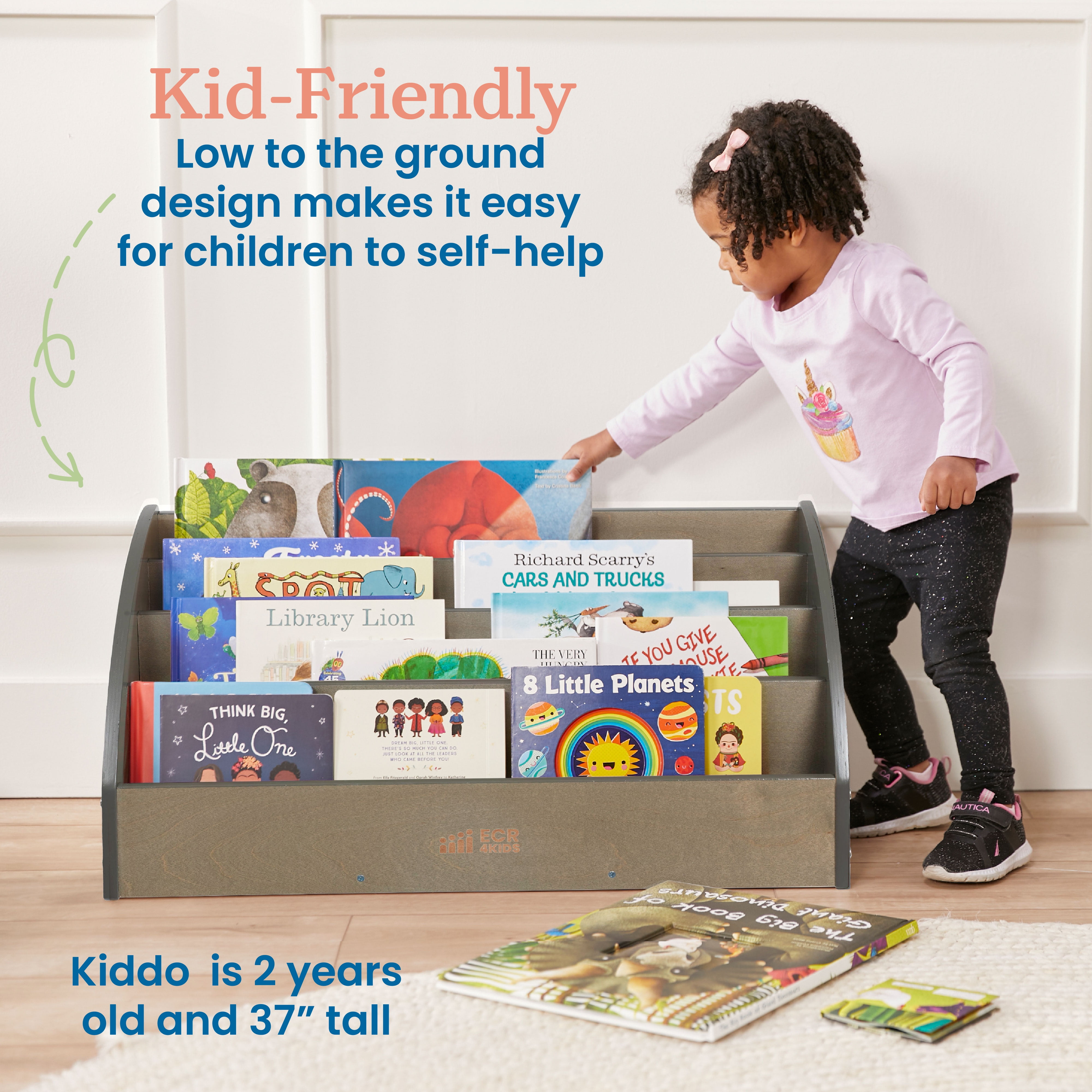 ECR4Kids Wooden Forward-Facing Toddler Book Display, Beginner Bookshelf, Grey Wash