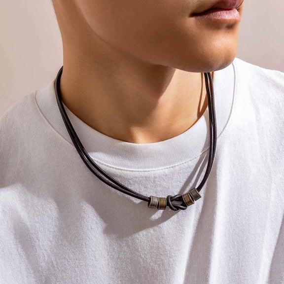 Vintage Pu Leather with Metal Beads Choker Necklace for Men Trendy Collar on the Neck Accessories 2023 Fashion Jewelry Male Gift