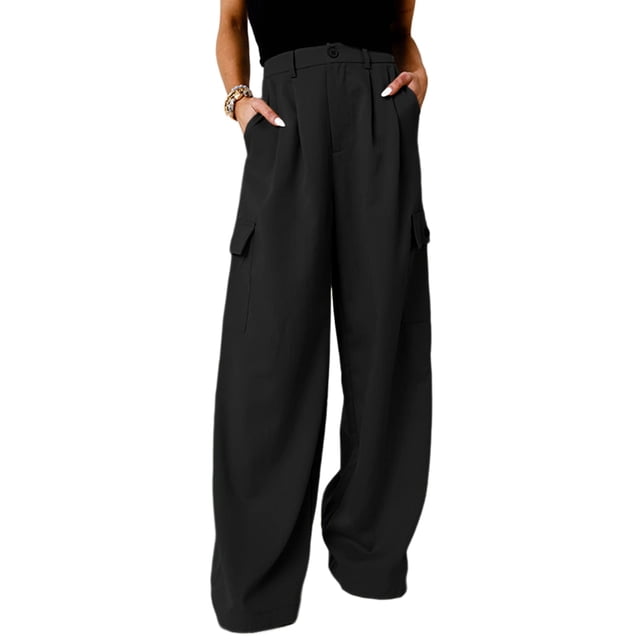 Pantalones cargo Dokotoo para mujer, cintura alta, pierna ancha, color negro, 2024