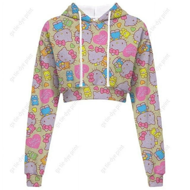 Chandail à Capuchon Imprimé Hello Kitty pour Femmes, Hauts Courts, Kawaii, Imprimé, Harajuku, Court, Col Rond, Femme, Harajuku