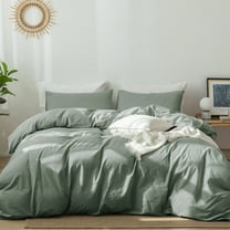 MooMee 100% Washed Cotton Duvet Cover Set Full Linen Like Textured Breathable 3-Piece (Heathered Green)