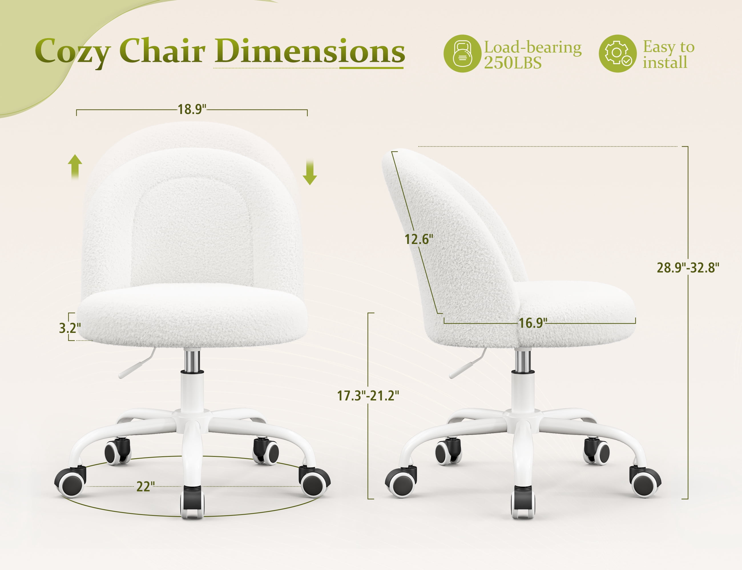 Romorgniz Vanity Chair Height Adjustable Desk Chair with Wheels, Armless Office Chair with Soft Lumbar Support for Small Space, Bedroom, Home office, White