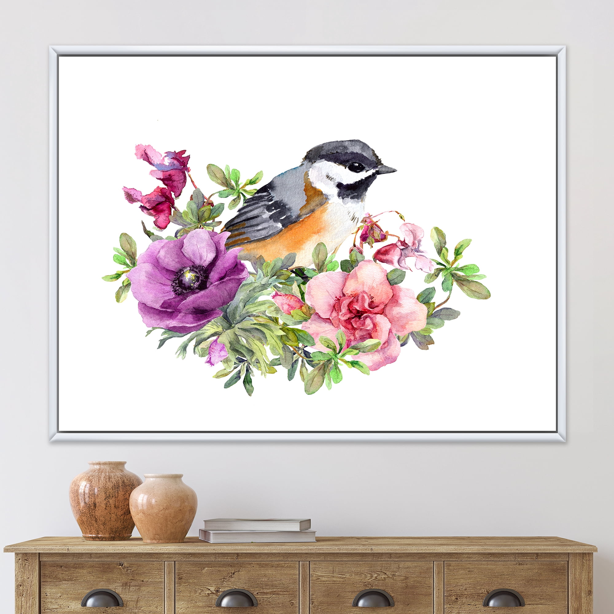 Designart 'Cute Bird In Purple and Pink Flowers' Traditional Framed Canvas Wall Art Print