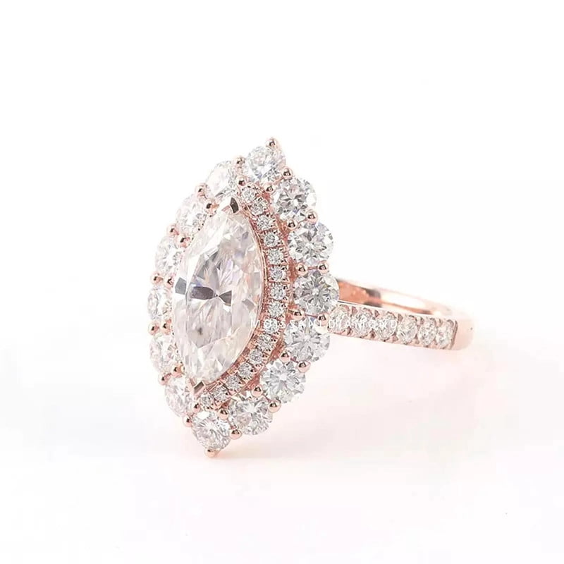 solitaire jewels Art Deco Marquise Moissanite Halo Engagement Ring For Women, 14K Rose Gold