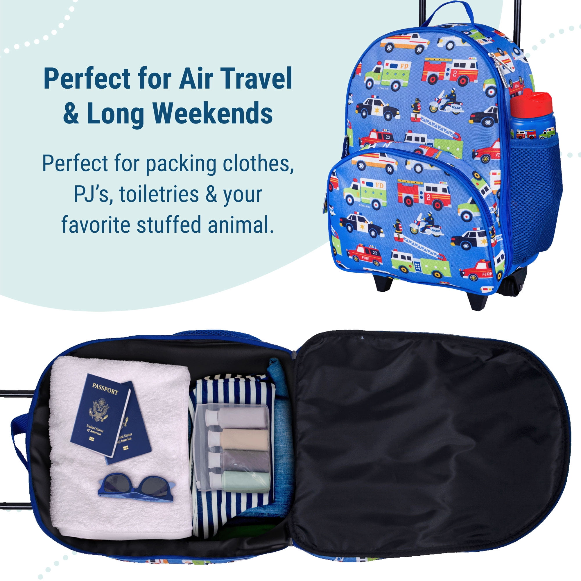 Wildkin Kids Rolling Luggage for Boys & Girls, Perfect for School & Overnight Travel, Carry-On Size (Heroes Blue)