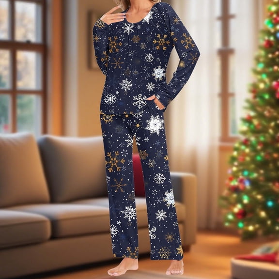 ZHYou Women's Christmas Pajama Sets Women Long Sleeve Long Pajamas Sets Loungewear Sleepwear Colorful Christmas Print Soft Comfortable Breathable Festive Holiday Edition,Navy,Size XL