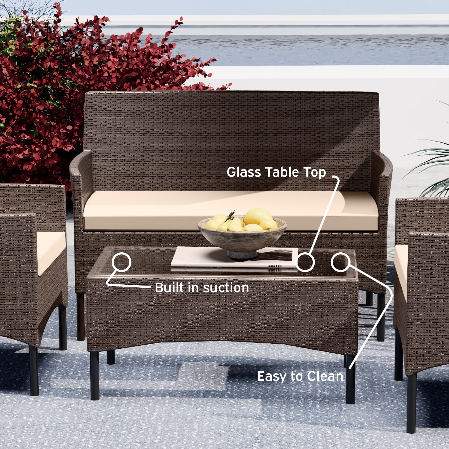 Hearth & Harbor Outdoor Furniture Set, 4 Piece Wicker Patio Chairs Set, Brown with Beige Cushions