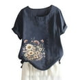 thumbnail image 3 of Women's Summer Comfort Linen Round Neck Short Sleeve With Button Flower Print T Shirt Top Athletic Top Big Shirt Girls Long Sleeve Womens Neck Tops Long Sleeve T Shirt Women Soft Long Sleeve Tops for, 3 of 3