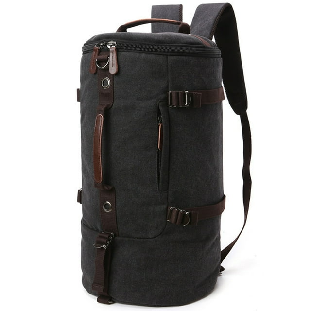Men's Backpack Fashion Retro Cylinder Canvas Travel Backpack Duffel Bag Shoulder Handbag Backpack in dark grey color. Made of durable canvas material, it features a cylindrical design with multiple carrying options including backpack straps, a top handle, and side straps. The bag includes a main zip pocket, a front zip pocket, an interlayer pocket, and a concealed pocket, offering ample storage for an 18-inch laptop, iPad, camera, and other essentials. Dimensions are 28 x 28 x 50 cm (11.02 x 11.02 x 19.69 inches). Suitable for travel, work, hiking, camping, and daily use.