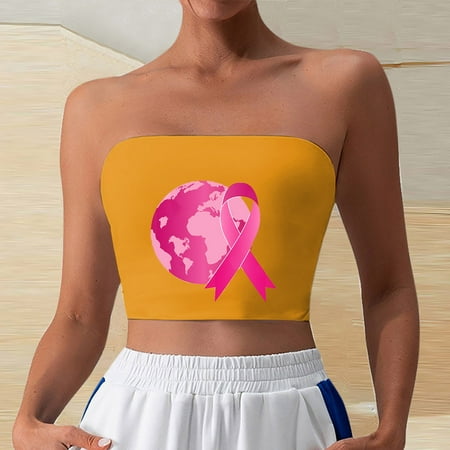 WDZUDU Tube Tops Basic Crop Tops for Women Strapless Tank Breast Cancer Awareness Pink Ribbon Graphic Bandeau Bra Casual Tunics Short Shirts Gold