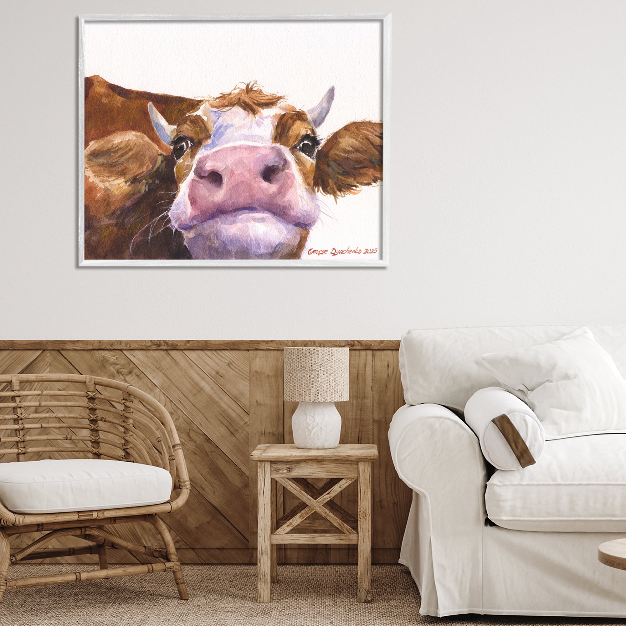 Stupell Industries Cute Cow Close Up White Framed Giclee Art, design by George Dyachenko