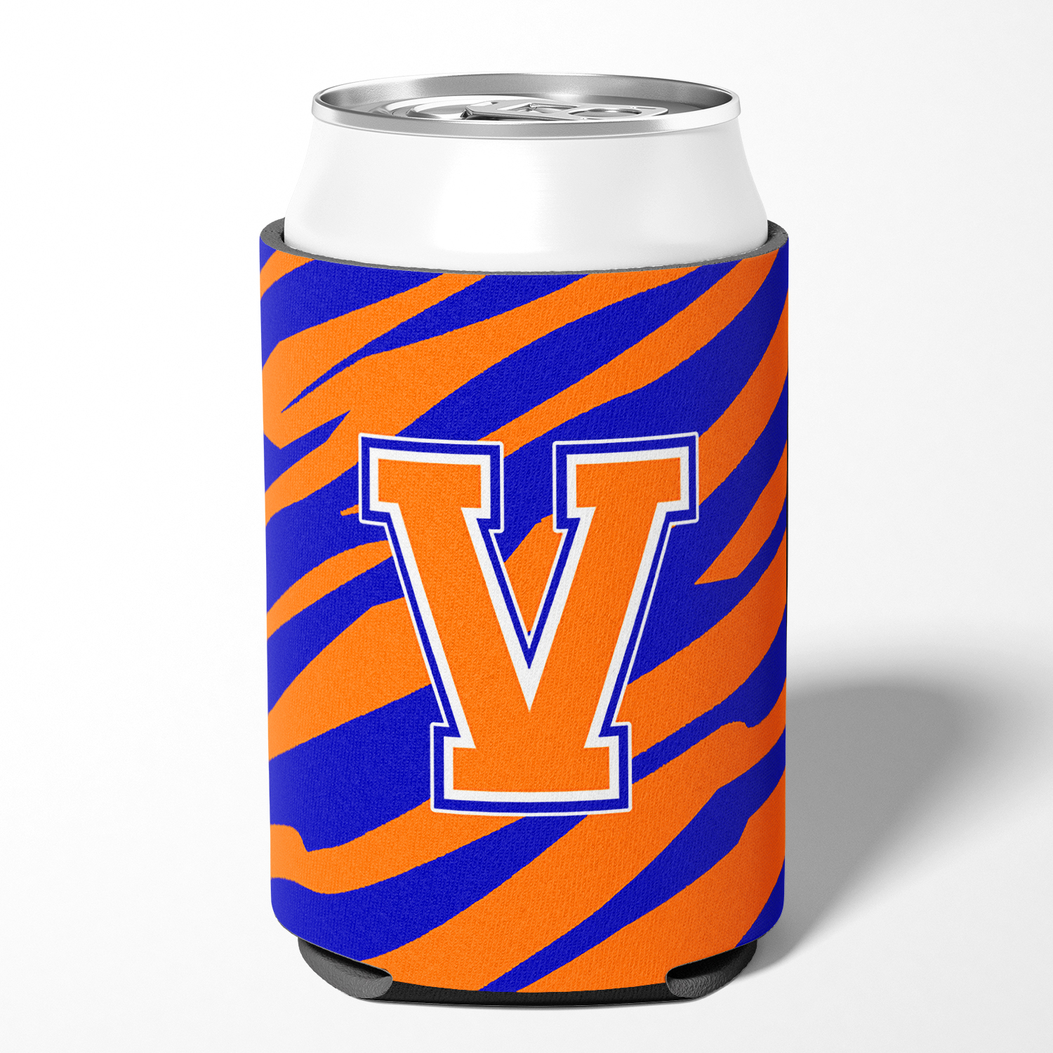 Letter V Initial Tiger Stripe - Blue Orange  Can or Bottle Hugger