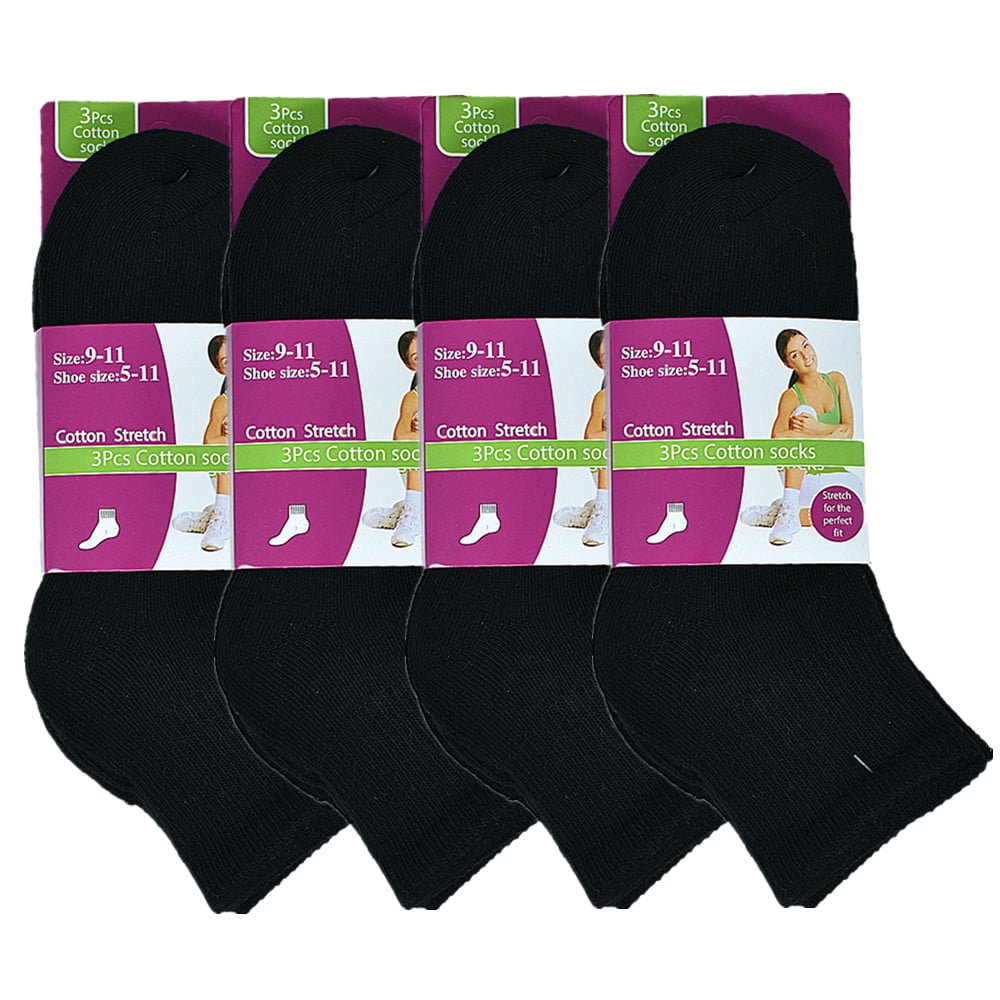 12 Pairs Women's Cotton Solid Black Athletic Cushioned Ankle Quarter Socks Size 9-11