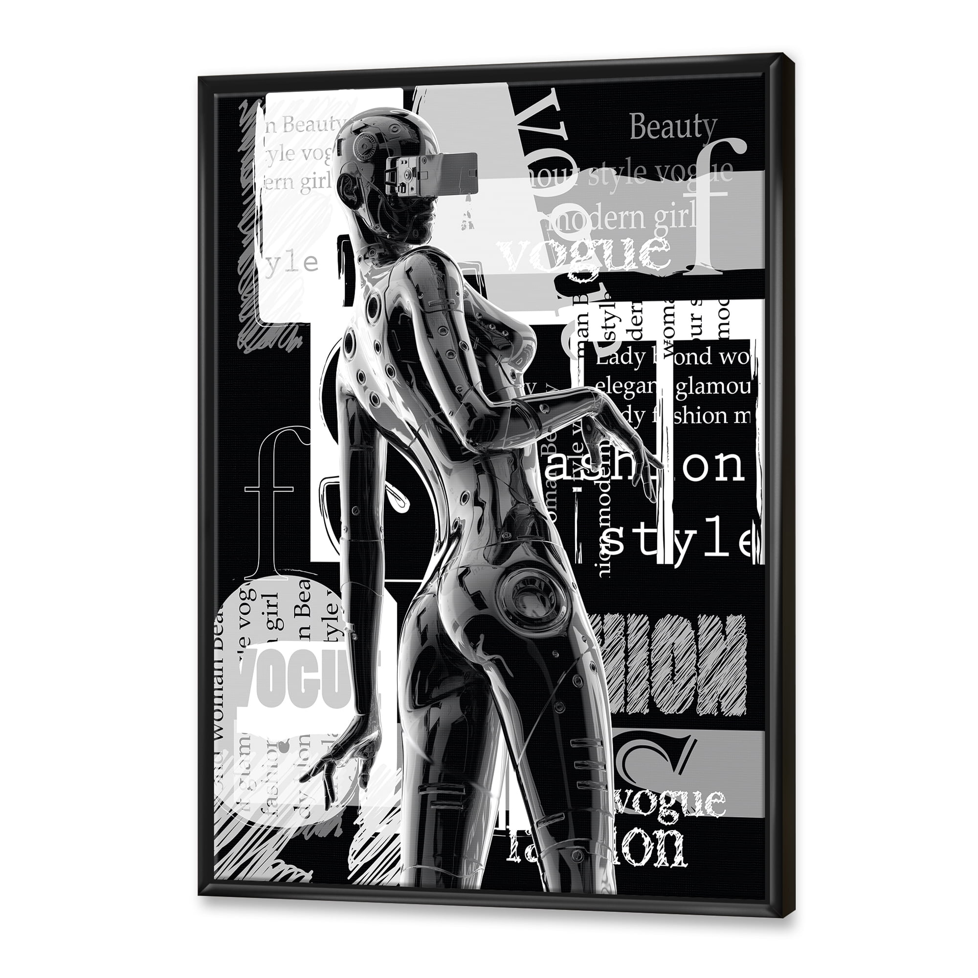 Designart 'Black and White Cyborg Body I' Modern Framed Canvas Wall Art Print