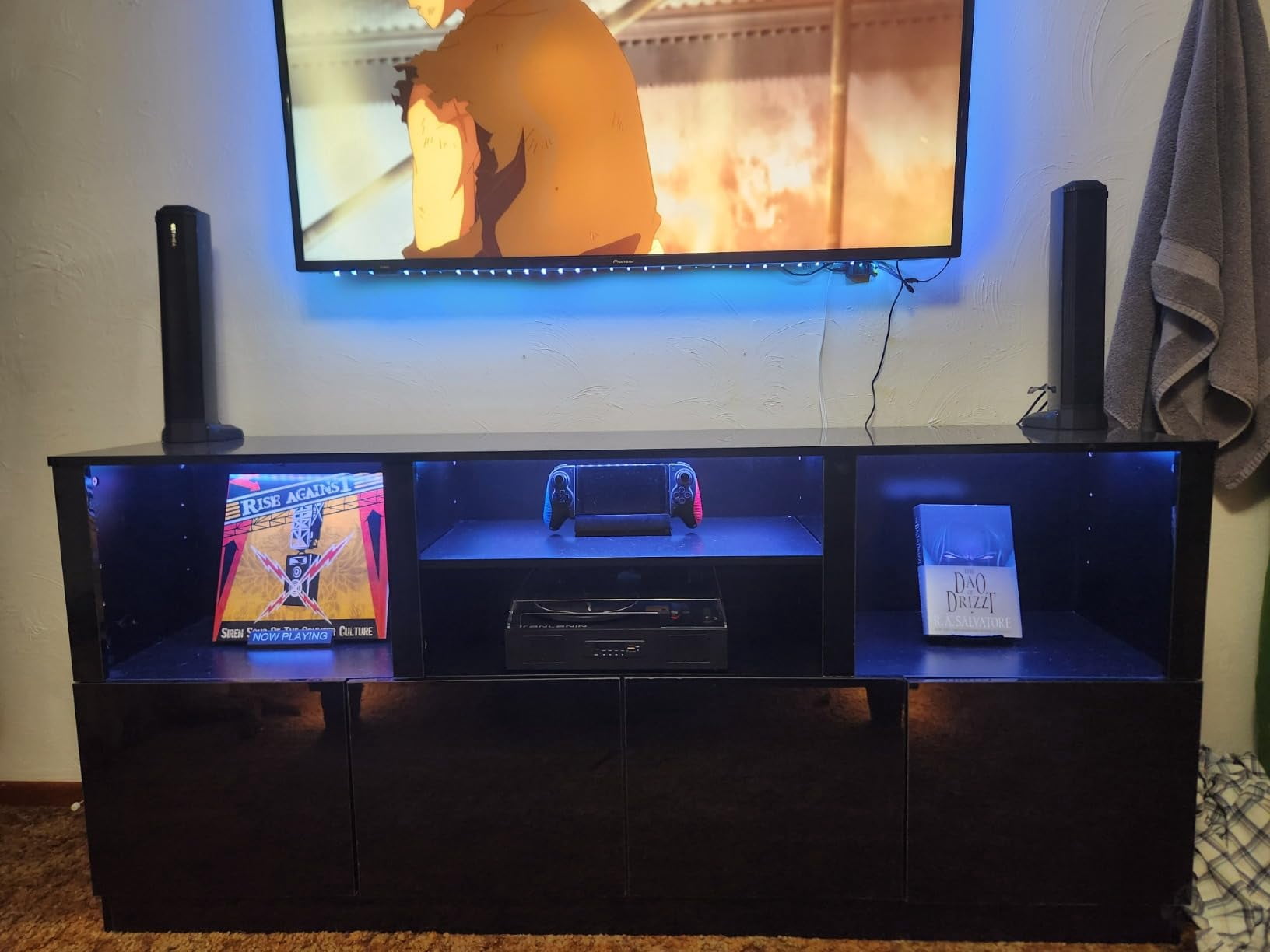ANPOO LED TV Stand for 75” 80" 85" TVs, Tall Entertainment Center with 4 Door Storage Cabinets, Modern Glossy Gaming TV Console with for Living Room