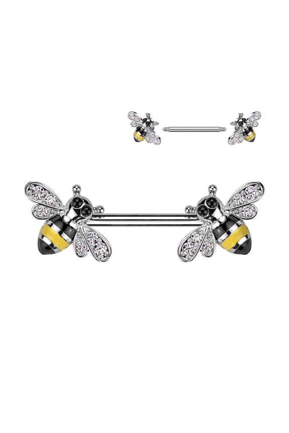 Nipple Ring Straight Barbell With CZ Bee Ends Surgical Steel 14 Gauge