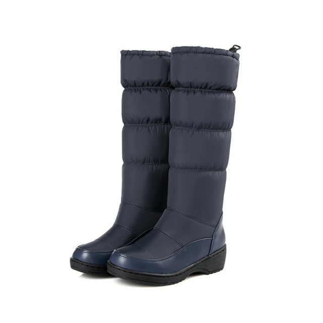 MAWCLOS Bottes Mi-Mollet pour Femmes Bout Rond Bottes de Neige Chaudes Confort Chaussures d'Hiver Doublure Peluche Temps Froid Bleu 4.5