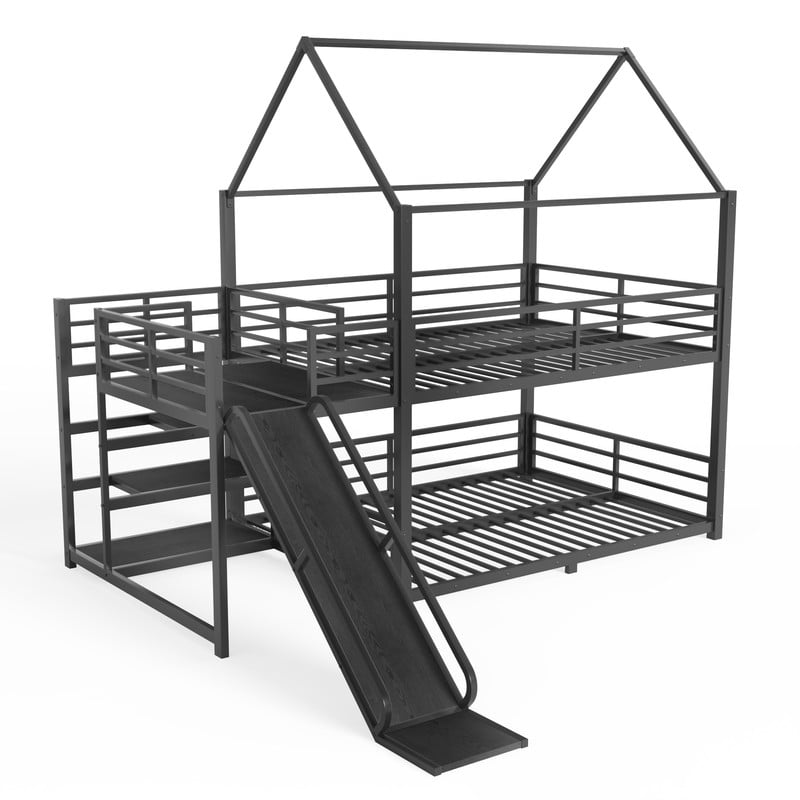 Full-Over-Full Metal House-Shaped Bed Frame with Multi-Functional Storage Stairs, Kids Bunk Bed with Slide