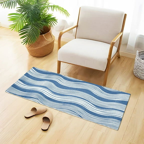 Blue-white Waves Plush Carpet Non Slip Runner Rug Absorbent Bath Mat 39" x 20"