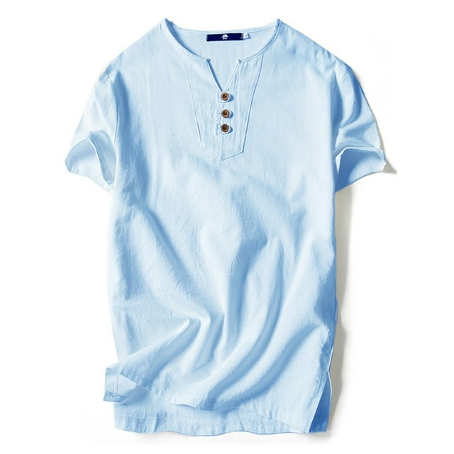 MAWCLOS Hommes T-Shirts Coton Lin Tops Couleur Unie T-Shirt Plage Décontracté Style Rétro Pull Bleu Ciel-3 5XL