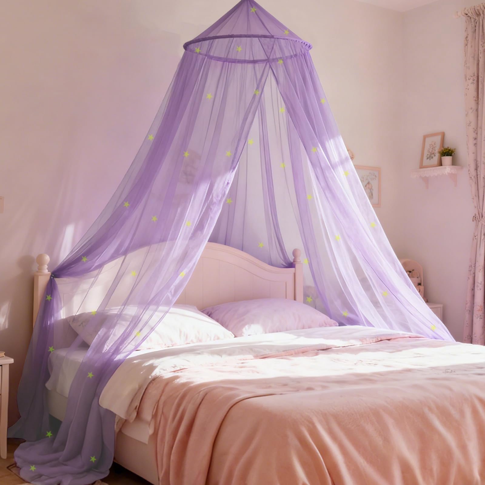 Purple Princess Bed For With Glowing Stars  Curtains Full And Queen Sizes; Ceiling Tent Reading Nooks Mosquito Net Indoor Room Decor Outdoor Use