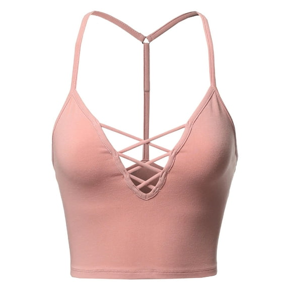 FashionOutfit Women's Solid Fitted Adjustable Cross Spaghetti Strap Bralette Top